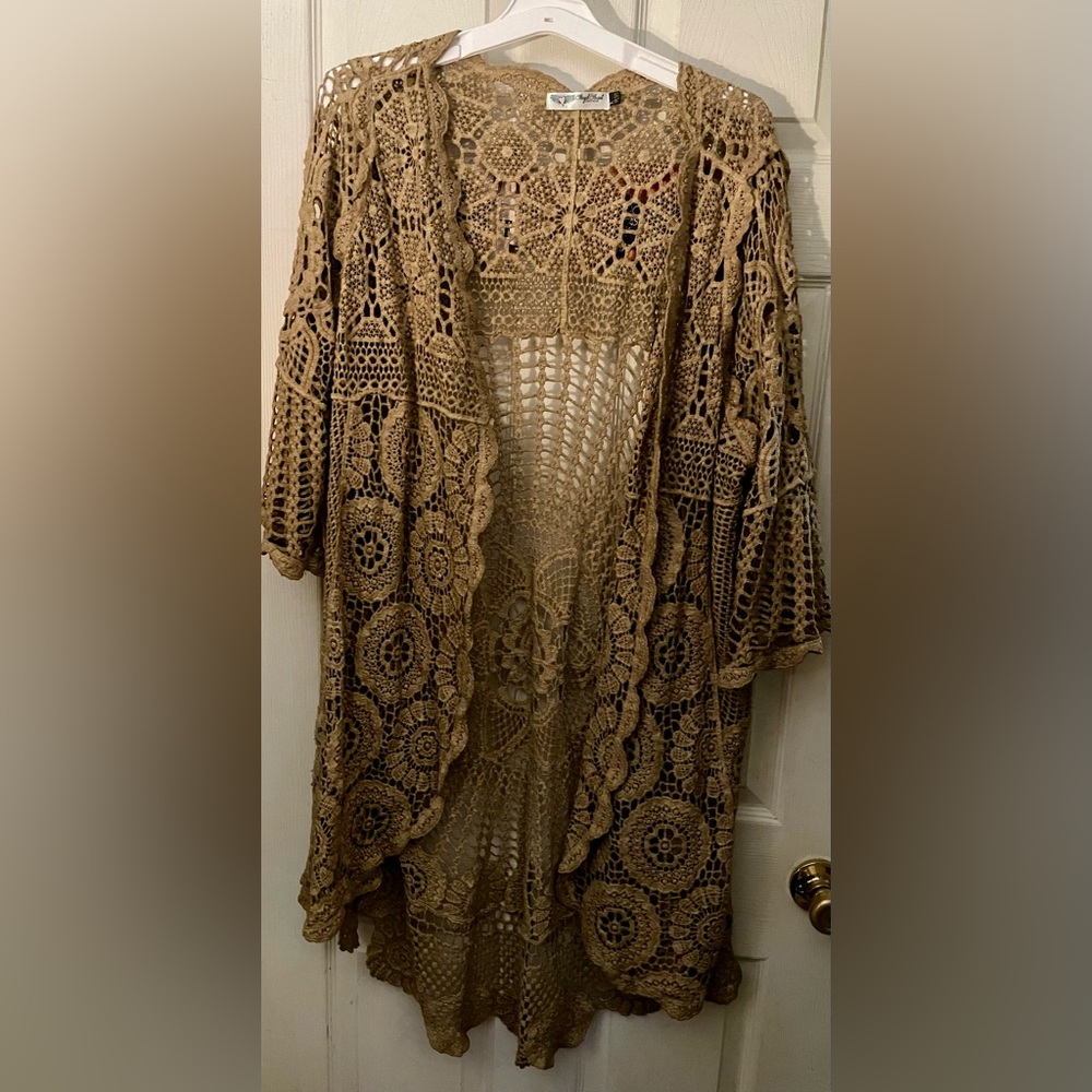 ✔️Angel Heart Boutique Open Front Crochet Cardigan-Tan/Beige